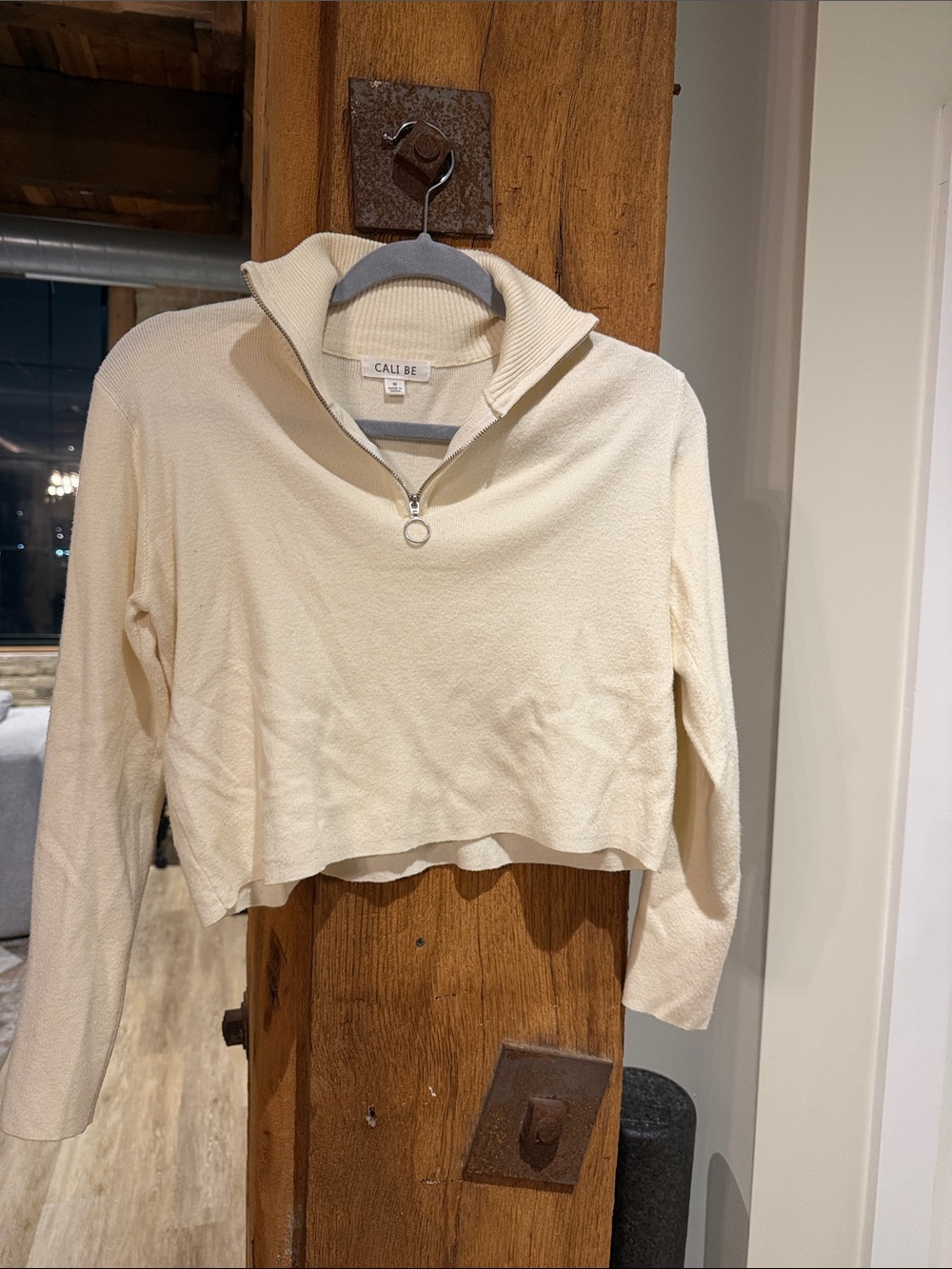 CALI BE Cropped Zip-Front Cowl Sweater in Cream